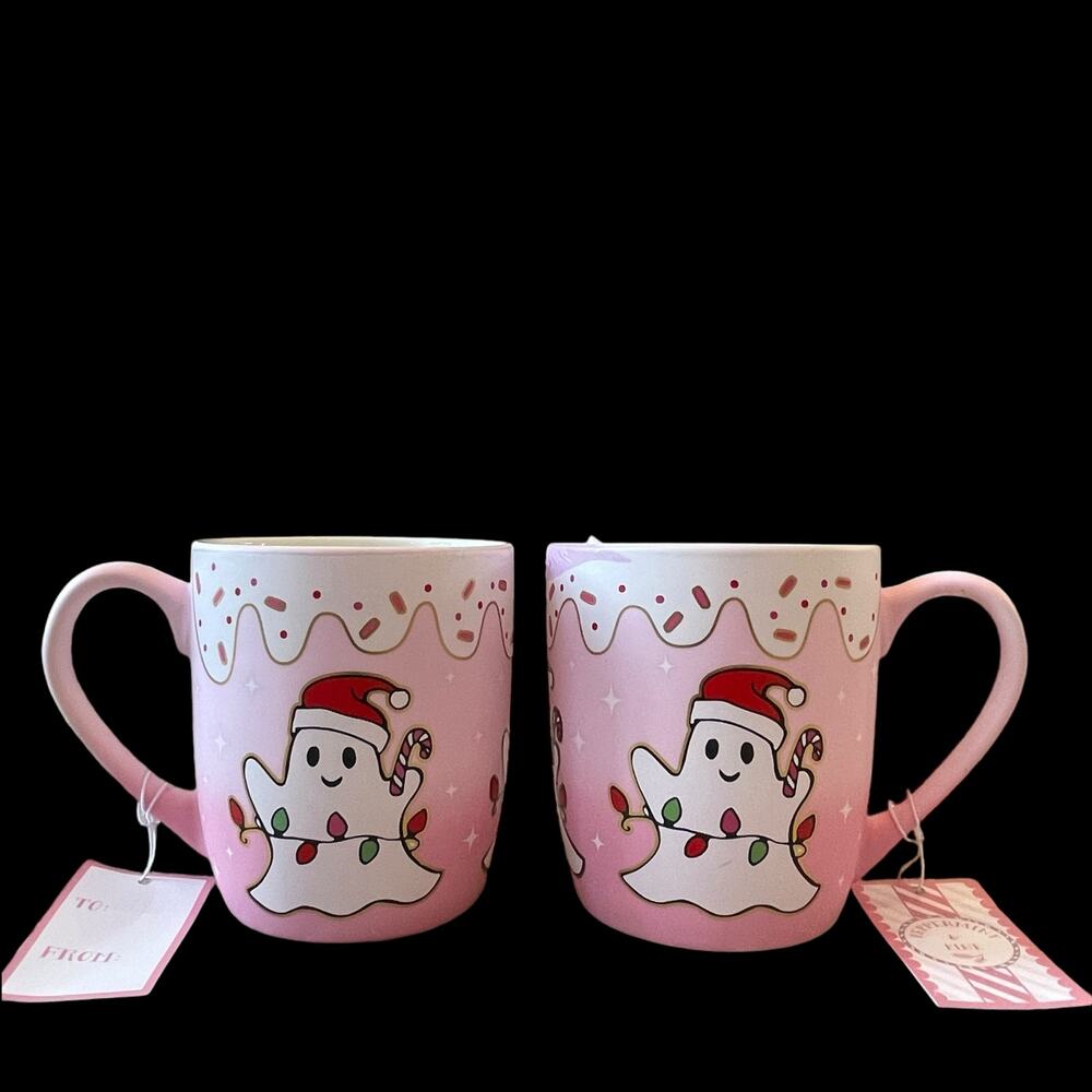 Peppermint & Pine Pink CHRISTMAS GHOST Mug Set of 2 Holiday 2024 ADORABLE New